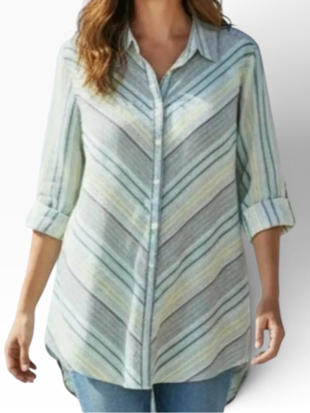 CHICOS Blue/Yellow Strip 100% Linen Button Front Tunic Top Size 3 (X-Large)